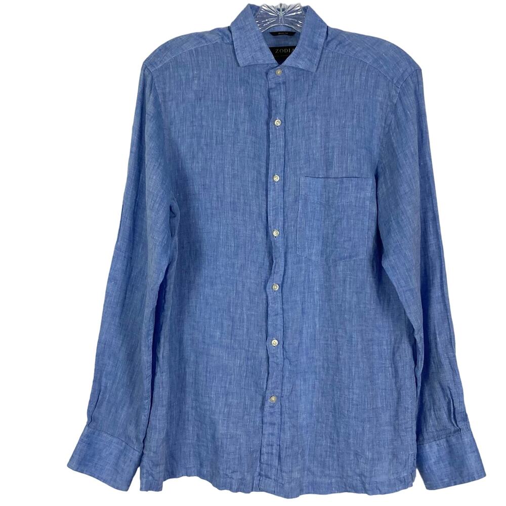 NWOT ZODIAC Shirt 15” M Positano Blue Solid Classic Fit Semi Formal French